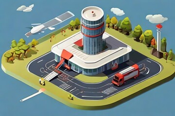 Generative AI. Isometric Airport there is a Radar building and a Fire Brigade Building
