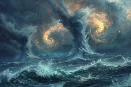 A realistic painting of a large wave in the ocean. Suitable for various design projects