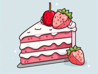 A delicious slice of strawberry cake adorned with fresh strawberries and a cherry on top, served on a white rectangular plate. The pink hues of the fruit add a touch of sweetness to the dish