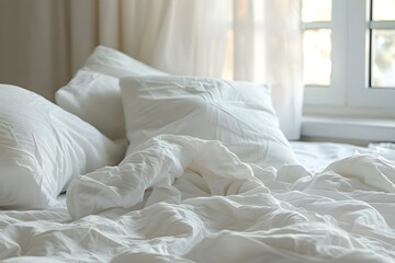 Messy white bedding with pillows in background. Concept Bedroom Decor, Interior Design, Cozy Spaces, White Aesthetics