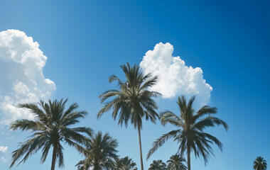 Fototapeta na wymiar Palm Trees Under Blue Sky with White Clouds: Tranquil Tropical Scene