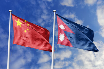 3d illustration. China and Nepal Flag waving in sky. High detailed waving flag. 3D render. Waving...