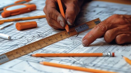 A closeup shot of a persons hands using a drafting ruler to carefully measure and draw straight lines on a blueprints surrounded by various pencils erasers and other drafting tools. . - Powered by Adobe