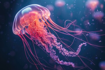 Fototapeta premium A jellyfish floating in water with bubbles. Suitable for marine life concepts