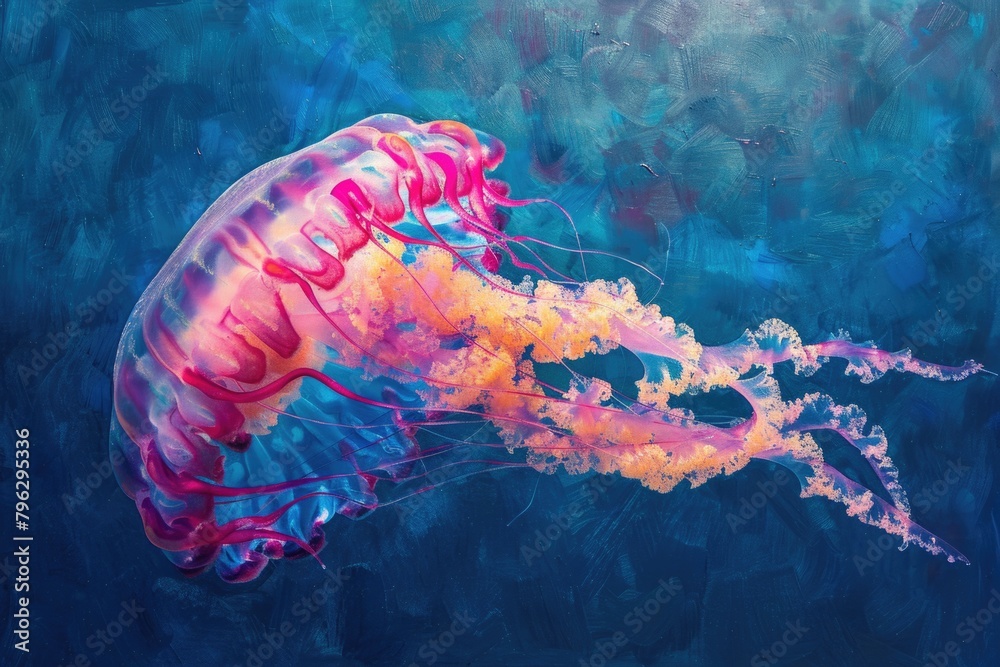 Poster a serene image of a jellyfish floating in the ocean. perfect for marine-themed designs
