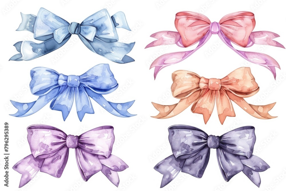 Poster set of four different colored bows on a white background. ideal for gift wrapping and decoration pro