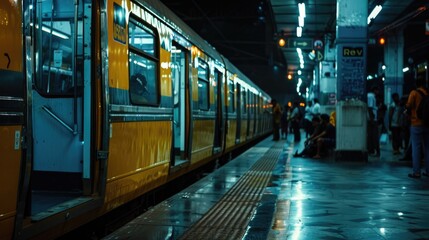 Fototapeta premium A yellow train parked at a station, ideal for transportation concepts