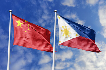 3d illustration. China and Philippines Flag waving in sky. High detailed waving flag. 3D render. Waving in sky. Flags fluttered in the cloudy sky.