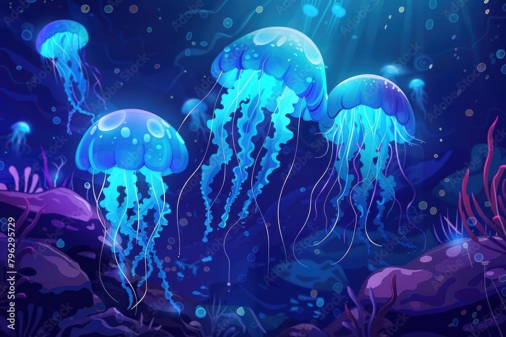 Poster a group of jellyfishes floating in the ocean. suitable for marine life concepts