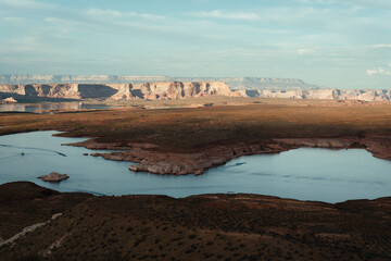 Beautiful sunset with dramatic clouds at Lake Powell from the Wahweap vista point, Arizona