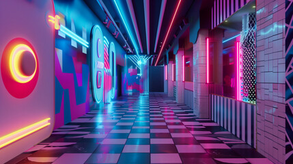 Neon-lit futuristic corridor with abstract geometric decor and vibrant colors. Generative AI