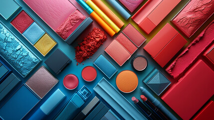 Trendy flat lay composition showcasing a collection of makeup items and accessories arranged on a colorful background - obrazy, fototapety, plakaty