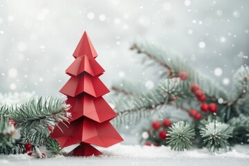 Red origami Christmas tree in snowy landscape. Perfect for holiday greeting cards