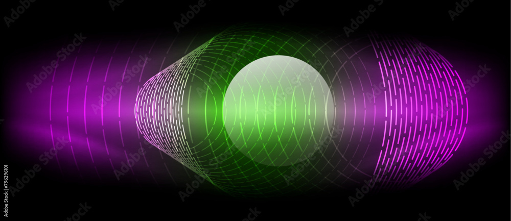 Poster The vibrant colors of a green and purple circle on a black background create a striking visual effect reminiscent of automotive lighting or a celestial astronomical object