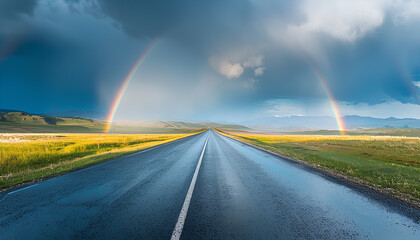 Naklejka na ściany i meble asphalt road goes beyond the horizon on one side of the sky a thunderstorm and a rainbow crosses the road