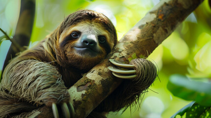 Fototapeta premium Close-up of a cute sloth hanging from a tree. Generative AI