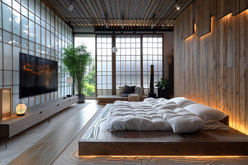 A minimalist bedroom with a platform bed and a wall-mounted TV.