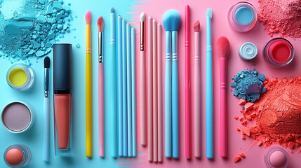 Vibrant assortment of makeup items laid out on a pastel pink background creating a visually appealing flat lay composition