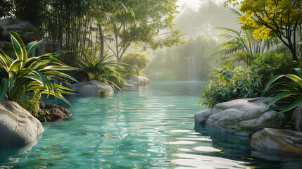 Tranquil jungle oasis with cascading waterfall and serene turquoise waters. Generative AI