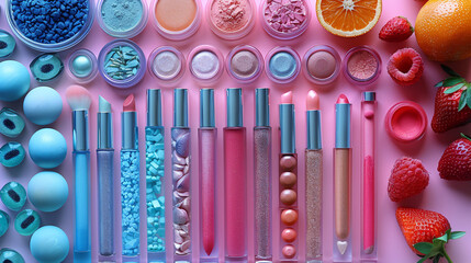 Vibrant assortment of makeup items laid out on a pastel pink background creating a visually appealing flat lay composition