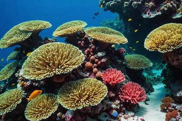 Aplysina archeri corals near fire corals on bottom of red sea with clear transparent water and various exotic marine organisms