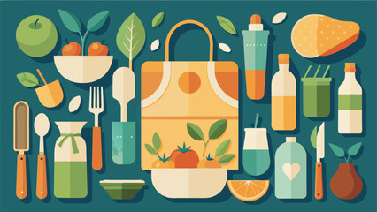 A collagestyle graphic of a variety of kitchen tools and products all made from ecofriendly materials such as bamboo utensils reusable silicone