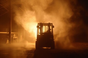 Dramatic silhouette of a forklift operating in a dusty, illuminated warehouse setting