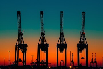 Silhouettes of industrial port cranes against a vibrant sunset background