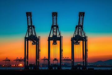 Obraz premium Spectacular sunset behind industrial port cranes against a vivid colorful sky