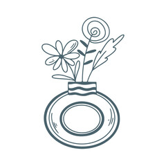 Modern vase with flowers simple doodle sketch style clip art illustration. Round shaped clay pot with bouquet hand drawn . Home decor, vector graphics