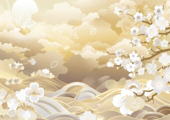 Japanese wave pattern with white and gold background