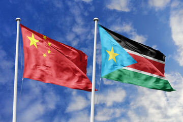 3d illustration. China and South Sudan Flag waving in sky. High detailed waving flag. 3D render....