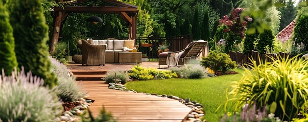 Wide angle shot of garden with wooden terrace, cozy wicker sofa and armchair on green grass near...