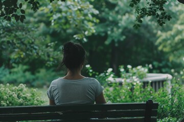 Fototapeta premium A young woman enjoys a moment of solitude sitting alone on a park bench surrounded by greenery