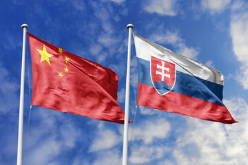 3d illustration. China and Slovakia Flag waving in sky. High detailed waving flag. 3D render....