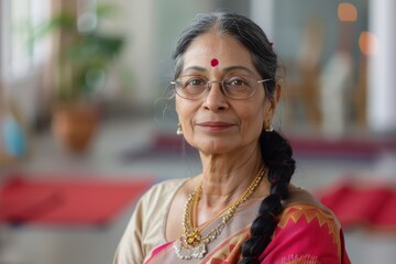 A poised elderly Indian woman in traditional attire, with rimmed glasses, poses indoors