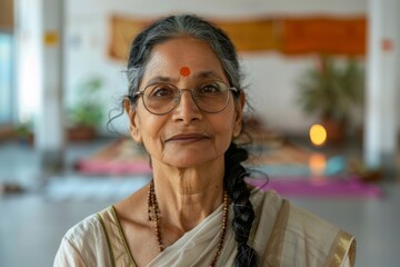 Confident mature Indian lady dons eyeglasses and traditional saree inside a bright yoga studio