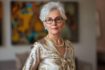 Sophisticated senior woman with stylish gray hair and pearl necklace stands confidently indoors