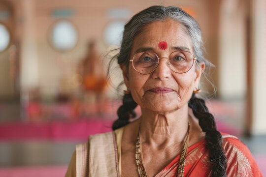 Close-up of a serene elder Indian woman with a bindi and traditional saree in an indoor setting