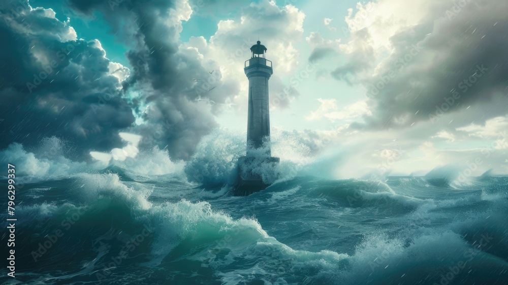 Poster A lighthouse standing strong in a stormy ocean. Suitable for maritime concepts