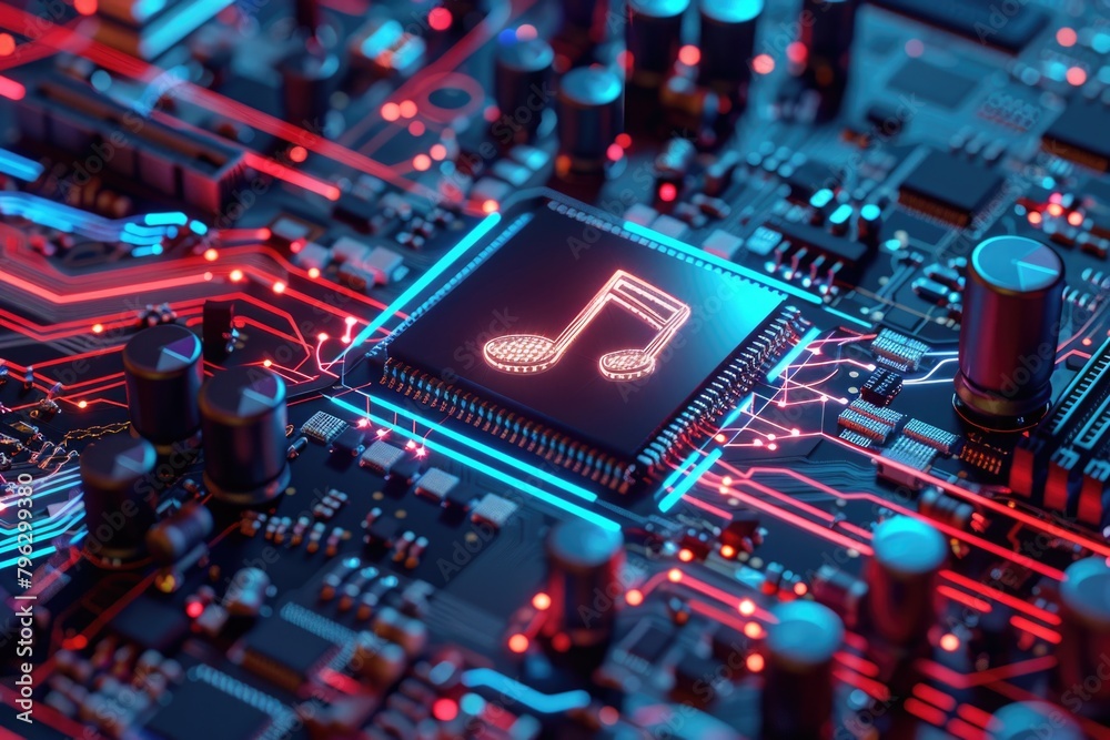 Aufkleber close up of a circuit board with a musical note symbol. perfect for technology or music related proj