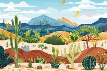 A scenic view of desert with cactus plants and mountains. Suitable for travel and nature themed projects