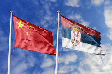 3d illustration. China and Serbia Flag waving in sky. High detailed waving flag. 3D render. Waving...