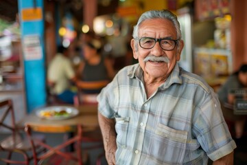 A jovial elderly man with a mustache and glasses smiles brightly at the camera in a casual dining setting