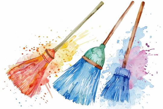 Watercolor painting of three brooms with paint splatters. Suitable for art and creativity themes