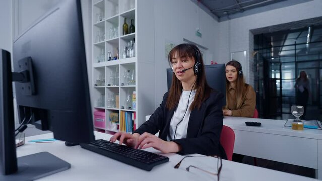 Call Center Or Technical Support Department Of Modern Company, Women Professional Talking By Headset