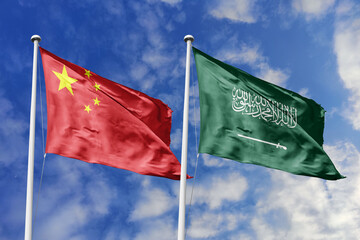 3d illustration. China and Saudi Arabia Flag waving in sky. High detailed waving flag. 3D render....