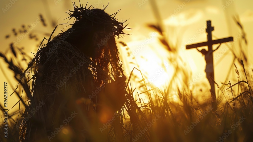 Aufkleber A person standing in a field with a cross in the background. Suitable for religious concepts