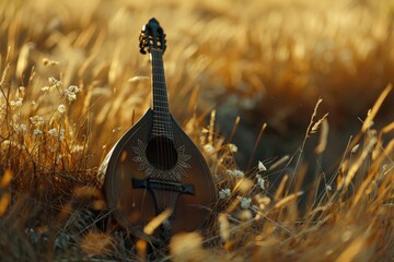 A mandolin placed in a field, suitable for music or nature concepts