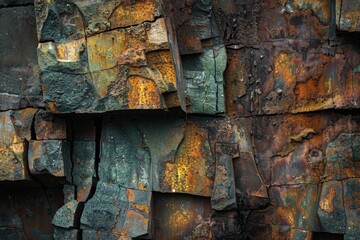 Detailed view of a weathered rock wall, suitable for industrial or natural background use
